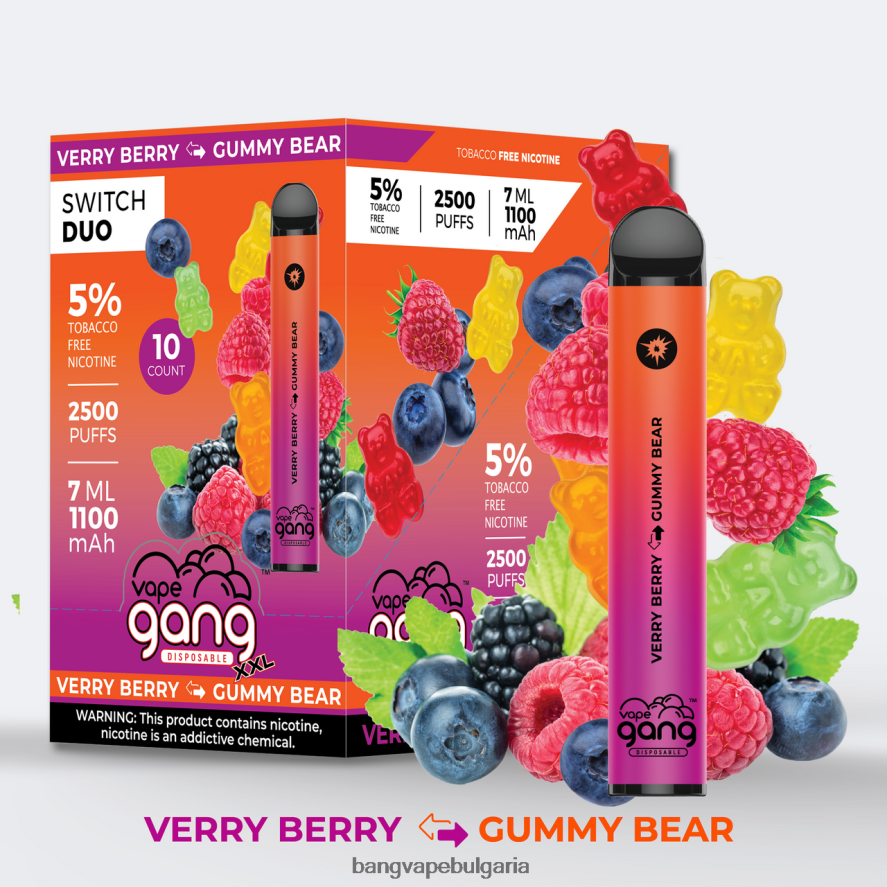 Vape Gang Switch Duo 2 вкуса (кутия с 10) много ягодоплодно - гумено мече Bang Vape Flavors RF0JTD48